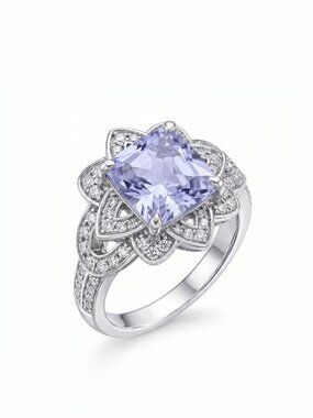 Princess Cut Floral Halo Ring - Lavender Purple, Liz Halston 925 Sterling Silver